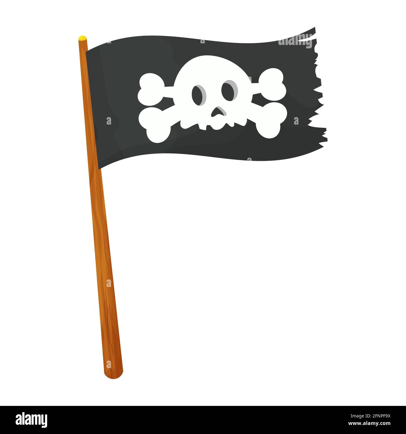 Piratenflagge mit Totenkopf und Kreuzknochen auf Holzstab im Cartoon-Stil flache Ikone, Knochen-Shape-Label, Web-Band, App-Emblem Illustration Zeichen, Form Stock Vektor