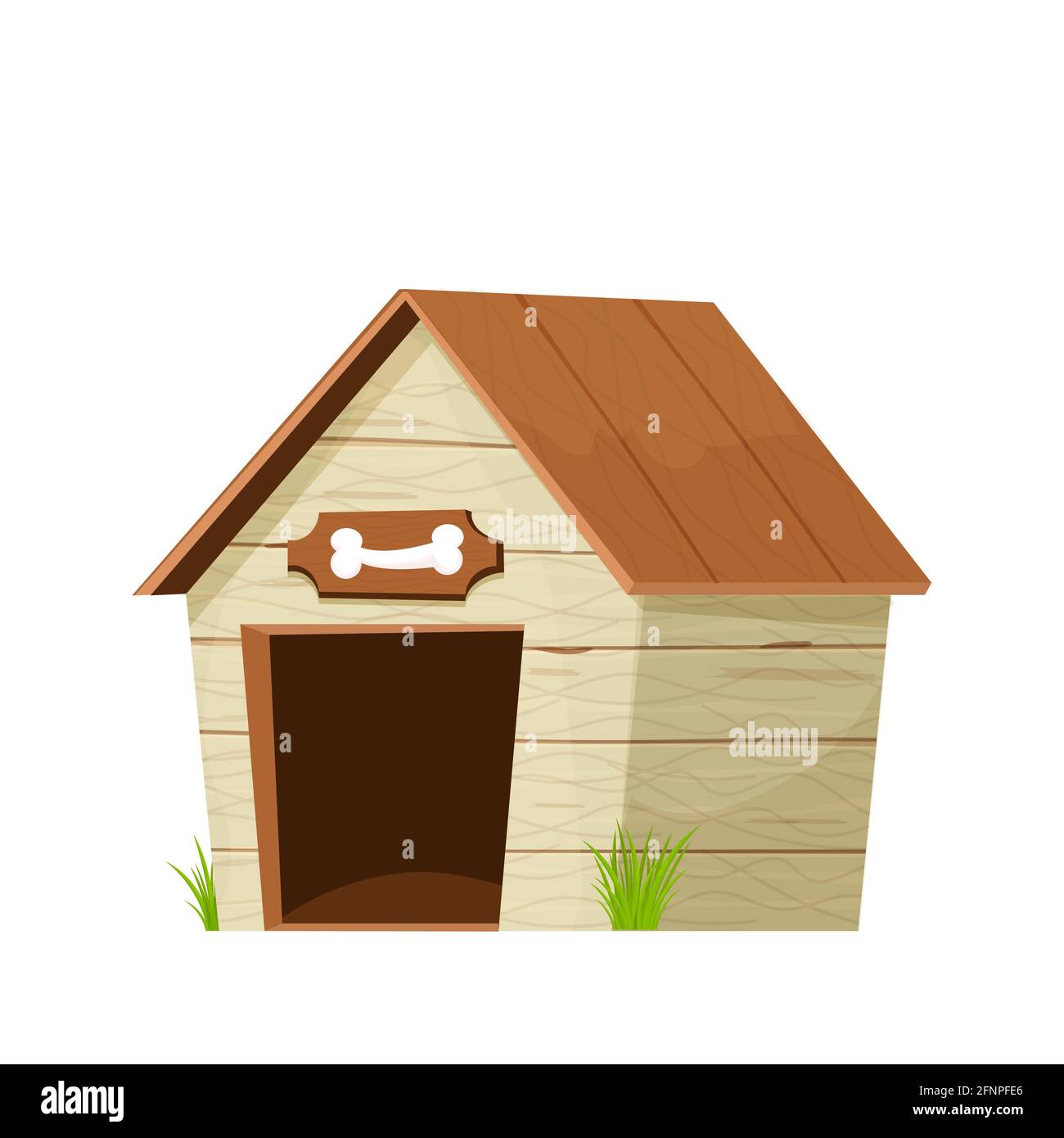 Lustige hundehütte, hölzerne Zwinger im Cartoon-Stil isoliert auf weißem Hintergrund. Komische kindliche Konstruktion mit Dach und Schale mit Knochen. Vektorgrafik Stock Vektor