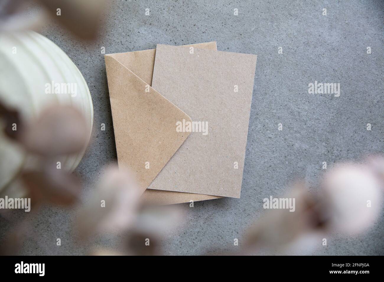 Leere, braunes Kraftpapier-Briefpapier-Karte mit getrockneten Eukalyptusblättern Stockfoto