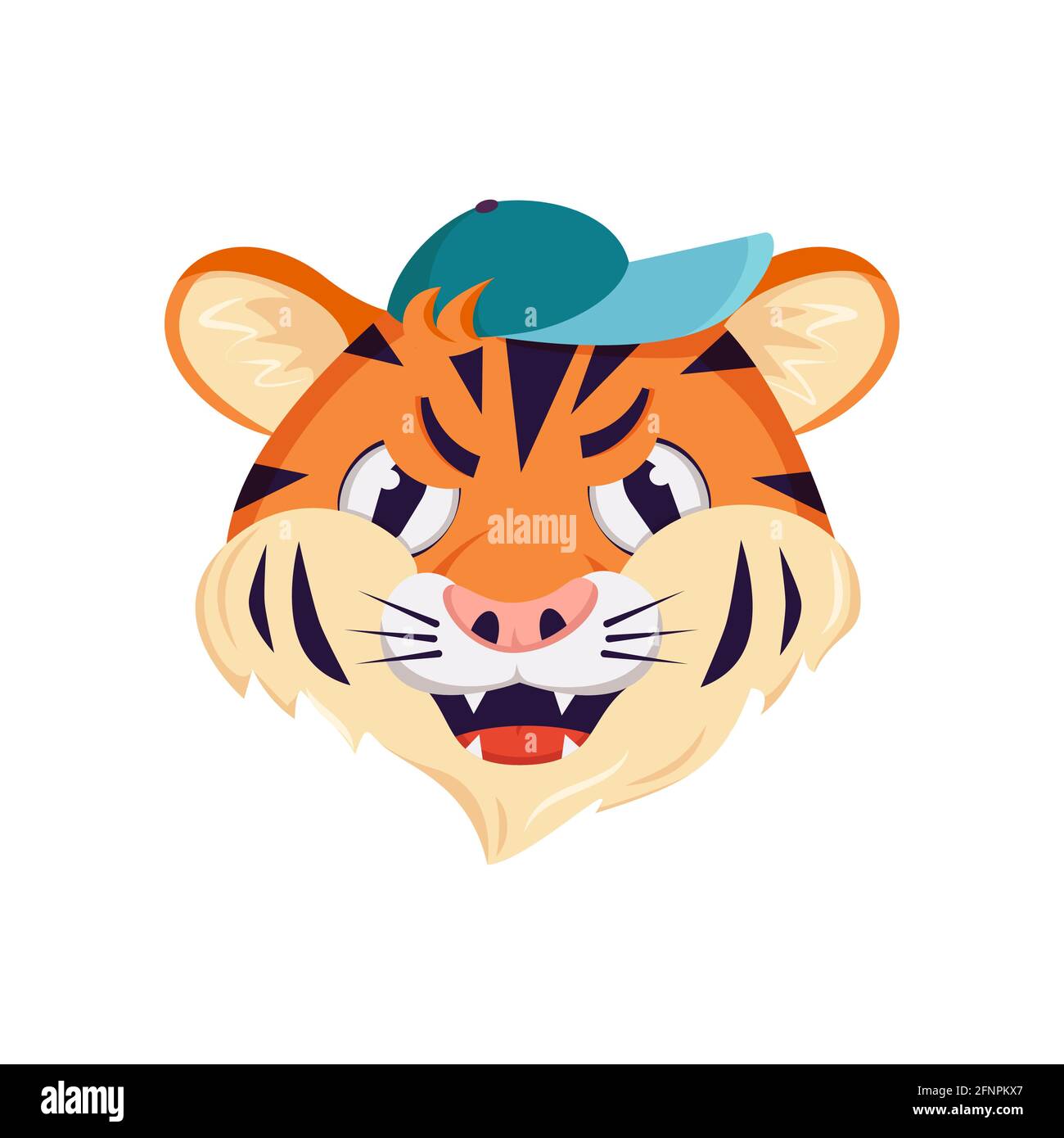 Niedlicher Tiger-Charakter, Gesicht mit wütenden Emotionen. Wilde Tiere Afrikas, mürrischer Cartoon-Fang in einer Mütze Stock Vektor