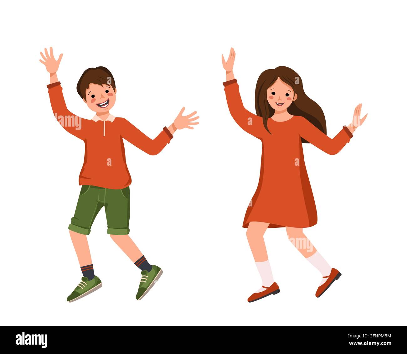 Junge in einem Hemd, Shorts und Mädchen in einem Kleid, Schuhe mit braunen Haaren. Fröhliche lächelnde Kinder tanzen ihre Hände. Teenager mit Gesichtern in legerer Kleidung. Welt Stock Vektor