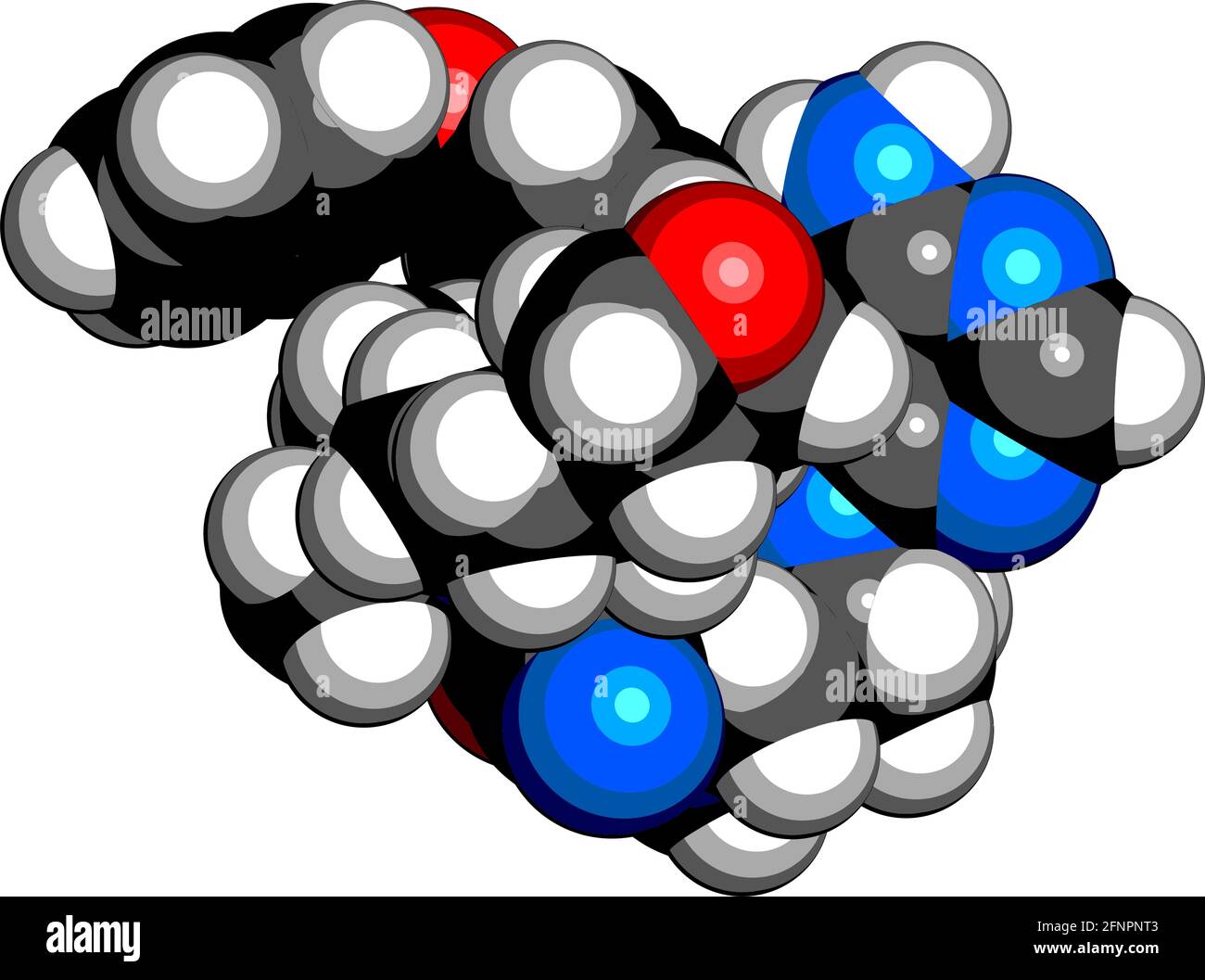 Rilzabrutinib-Medikamentenmolekül. 3D-Rendering. Atome werden als Kugeln mit herkömmlicher Farbkodierung dargestellt: Wasserstoff (weiß), Kohlenstoff (schwarz), Stickstoff Stock Vektor