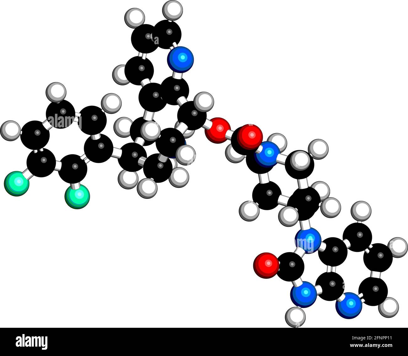 Rimegepant Migräne-Molekül. 3D-Rendering. Atome werden als Kugeln mit herkömmlicher Farbkodierung dargestellt: Wasserstoff (weiß), Kohlenstoff (schwarz), ni Stock Vektor