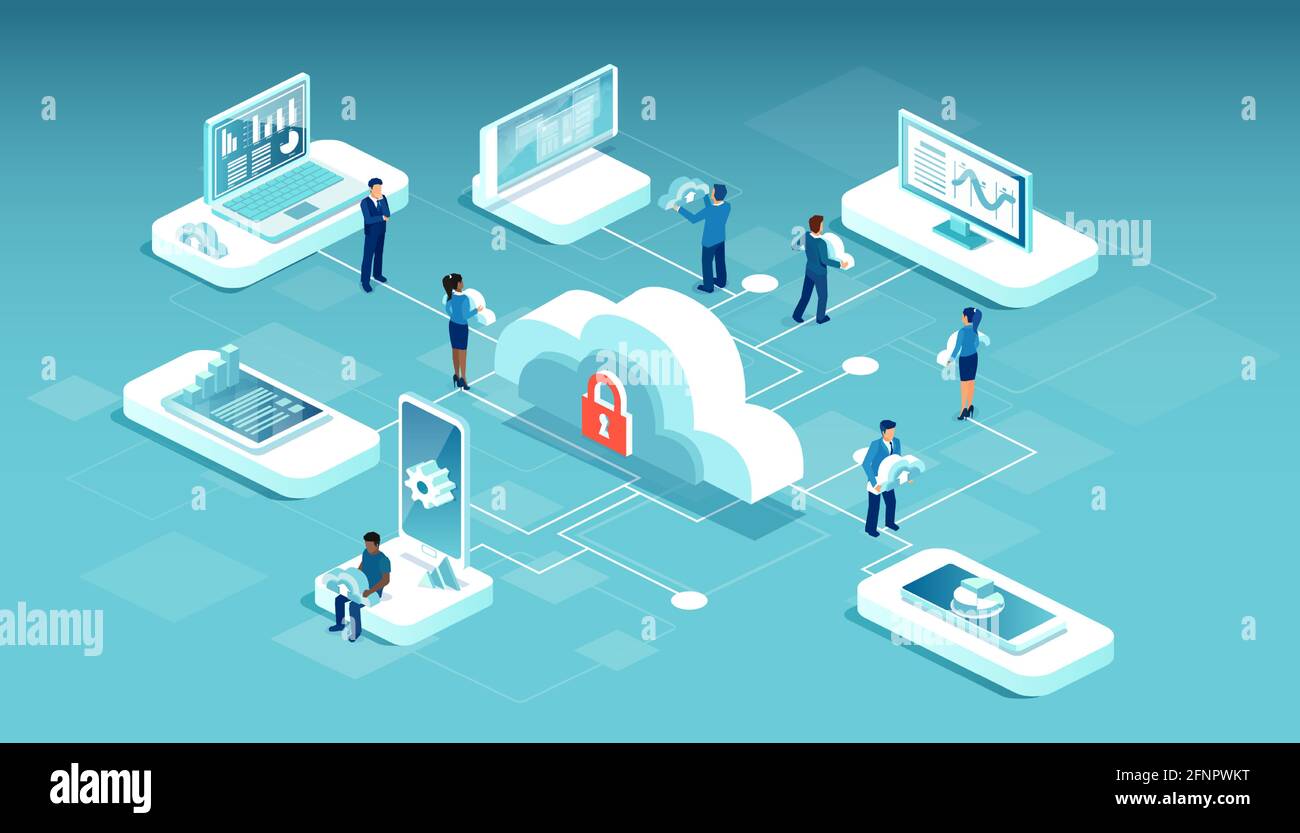 Vektor von Männern und Frauen, die Web-Cloud-Service nutzen Stock Vektor