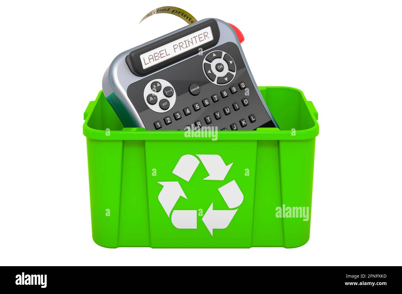 Recycling-Papierkorb mit Etikettendrucker. 3D-Rendering auf weißem Hintergrund isoliert Stockfoto