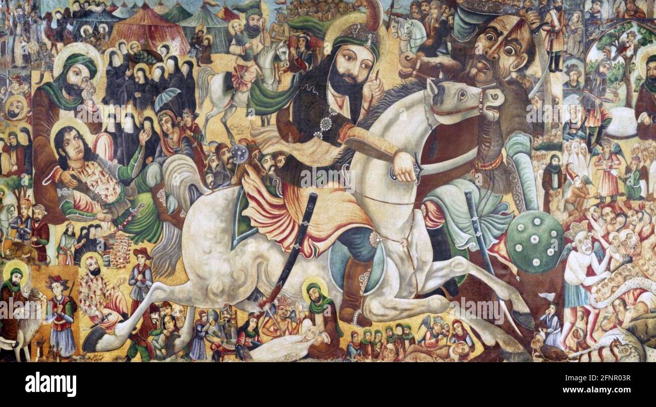 SCHLACHT VON KARBALA 10. Oktober 680 im heutigen Irak. Ausgeschnittene Version des Gemäldes von Abbas Al-Musavi aus den Jahren 1868 bis 1933 Stockfoto