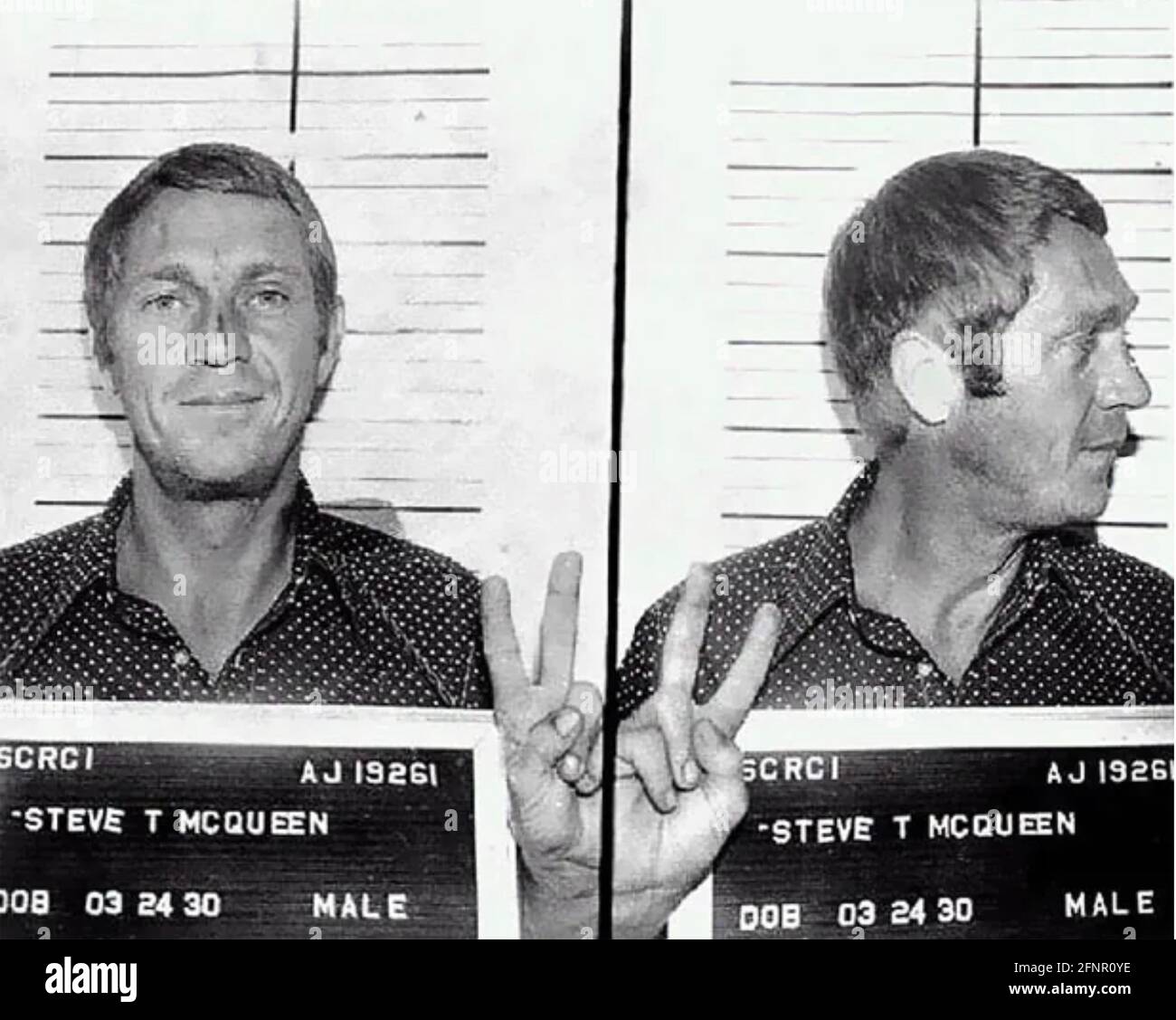 STEVE McQueen (1930-1980) amerikanischer Filmschauspieler. Ein Polizeimogshot aus dem Jahr 1972 in Anchorage, Alaska, als er wegen eines Trinkgeldes verhaftet wurde. Stockfoto