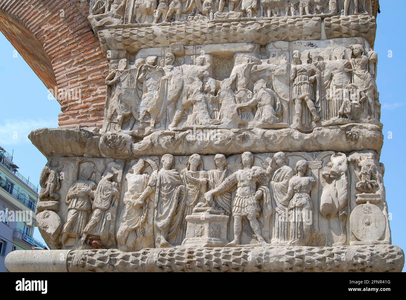 Schnitzereien Detail, Arch of Galerius, Dimitrios Gounari Street, Thessaloniki, Chalkidiki, Zentralmakedonien, Griechenland Stockfoto