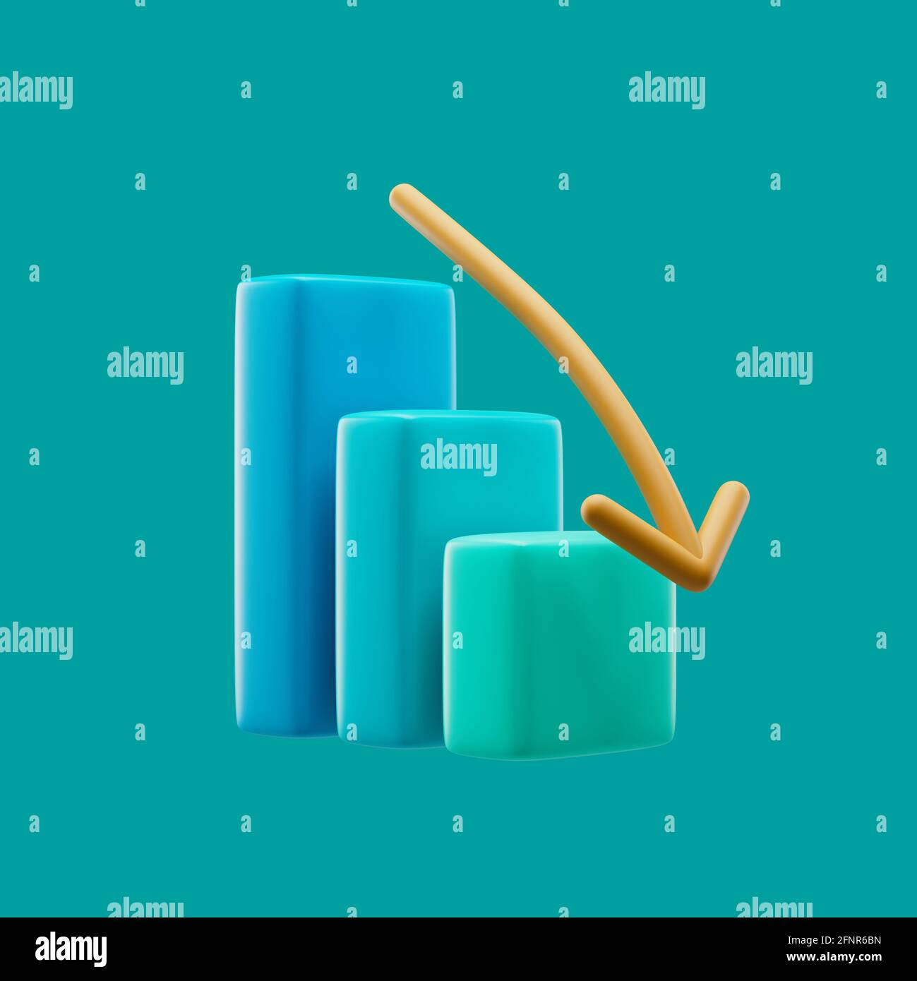 Graph-Symbol mit Pfeil nach unten und bunten Rechtecken Simple 3d Darstellung auf pastellfarbenem Hintergrund mit weichen Schatten rendern Stockfoto