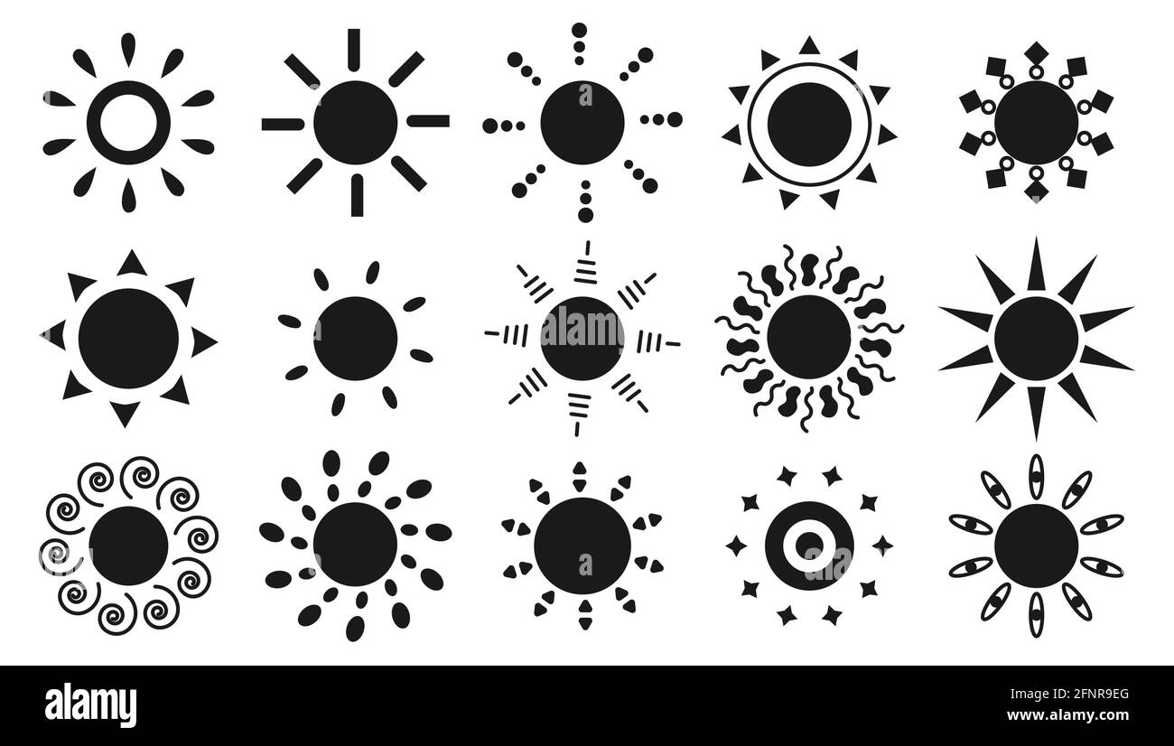 Schwarze Silhouette Sonne untergegangen isoliert auf weißem Hintergrund. Wetter sonnig Sommer Symbol für Web und App. Element Sonnenlicht. Einfache Glyphe. Logo für das Unternehmen. Design-Kaffeetassen. Stock Vektor
