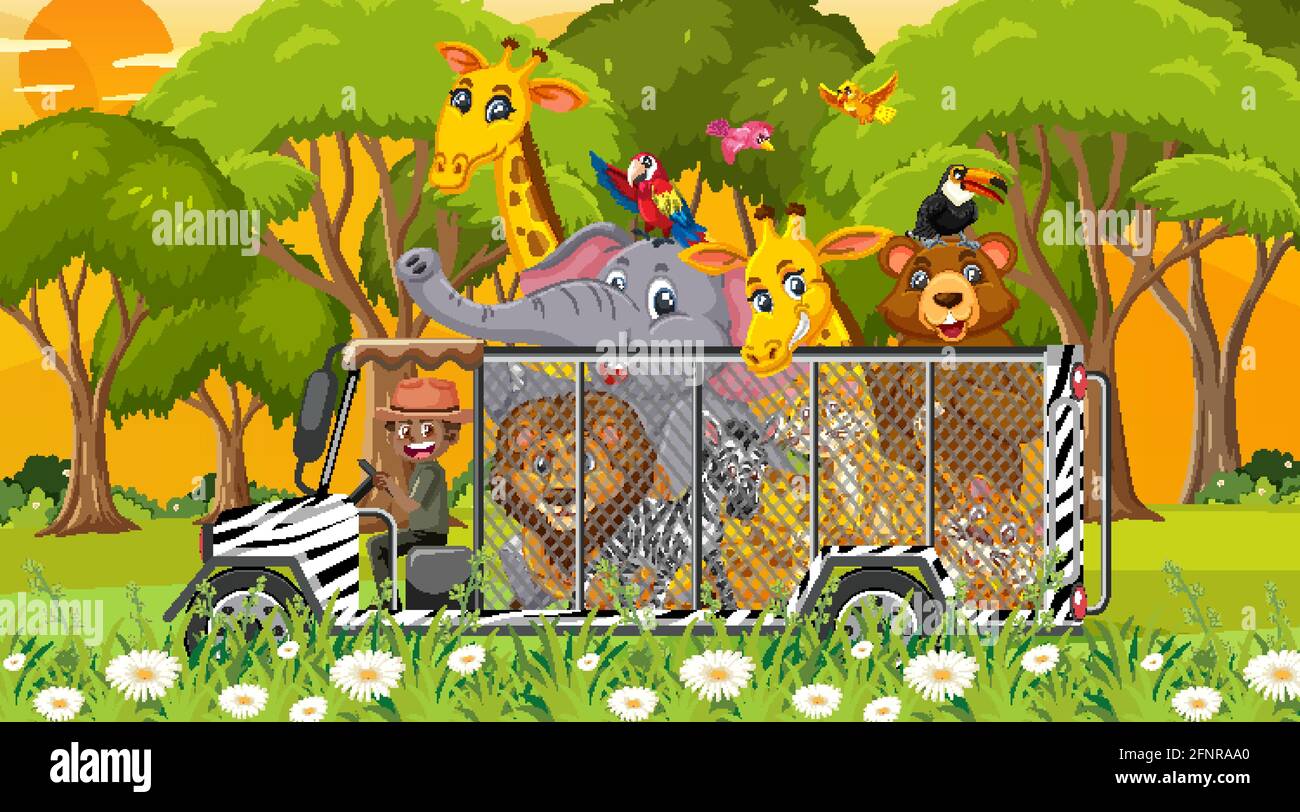 Safari-Szene mit wilden Tieren in der Käfigauto-Illustration Stock Vektor