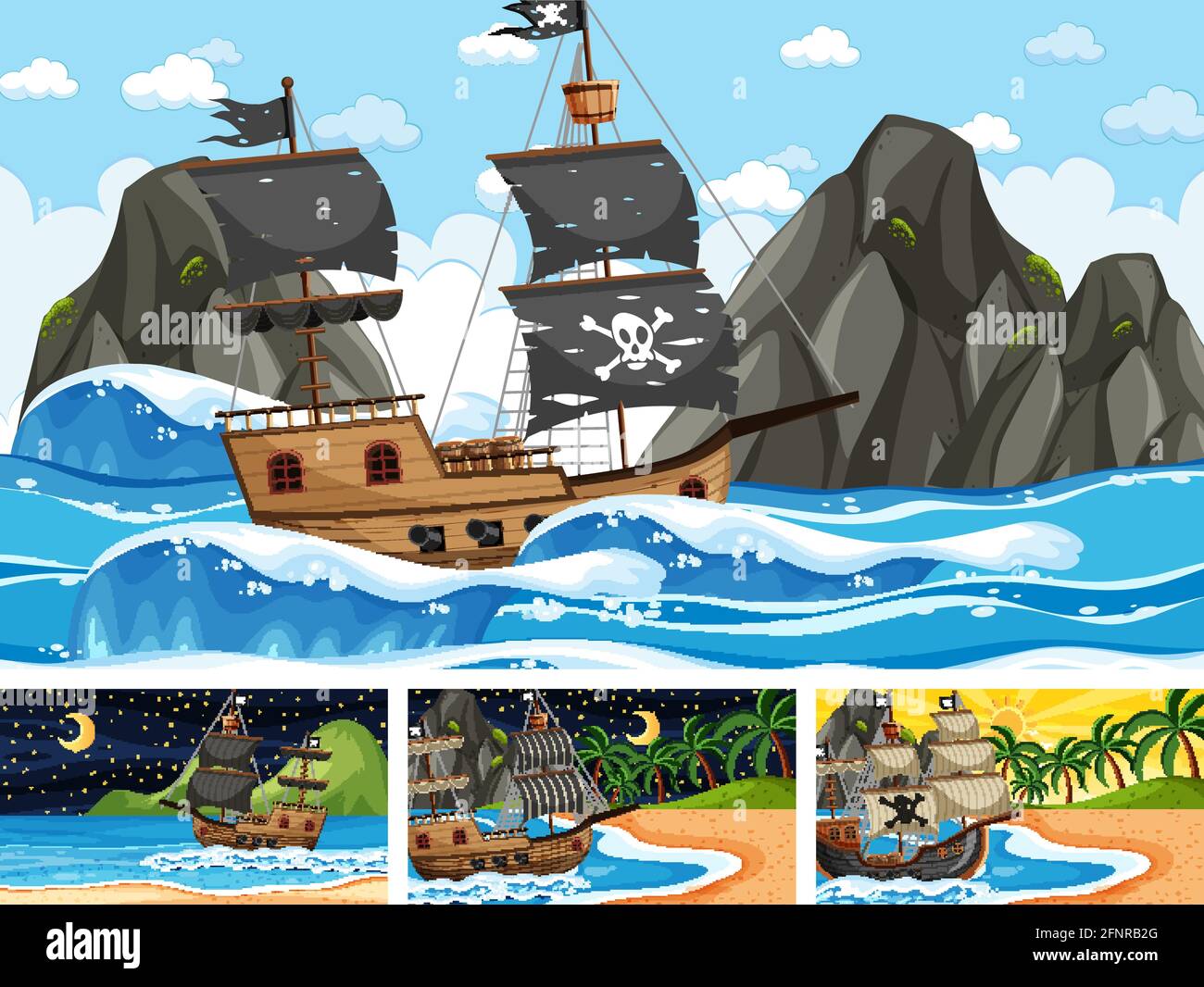 Set von Ozeanszenen zu verschiedenen Zeiten mit Piratenschiff In Cartoon-Stil Illustration Stock Vektor