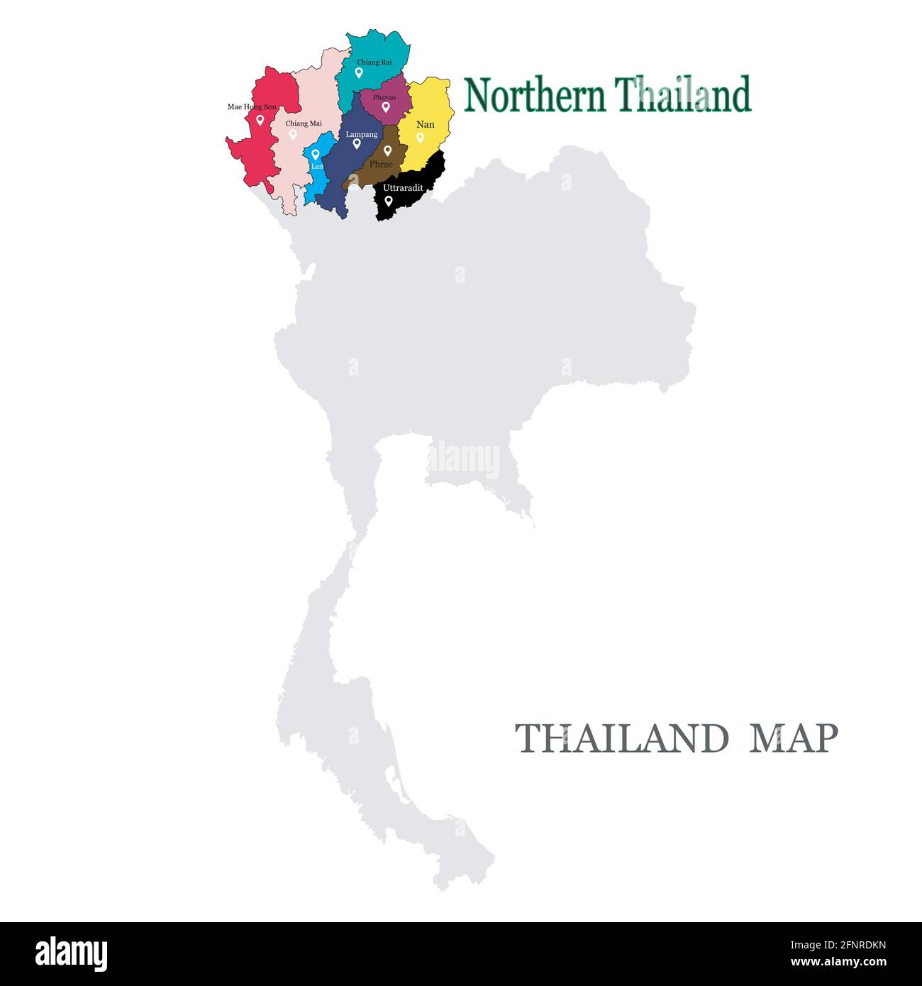 Karten von Nord-Thailand mit 9 Provinzen in verschiedenen Farben, Chiang Mai, Chiang rai, Phrae, Phayao, Lampang, Lamphun, Maehongson, Uttaradit, Nan Stock Vektor