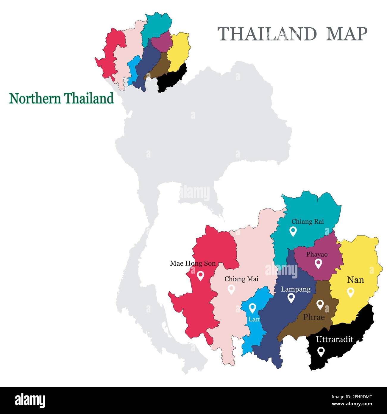Karten von Nord-Thailand mit 9 Provinzen in verschiedenen Farben, Chiang Mai, Chiang rai, Phrae 