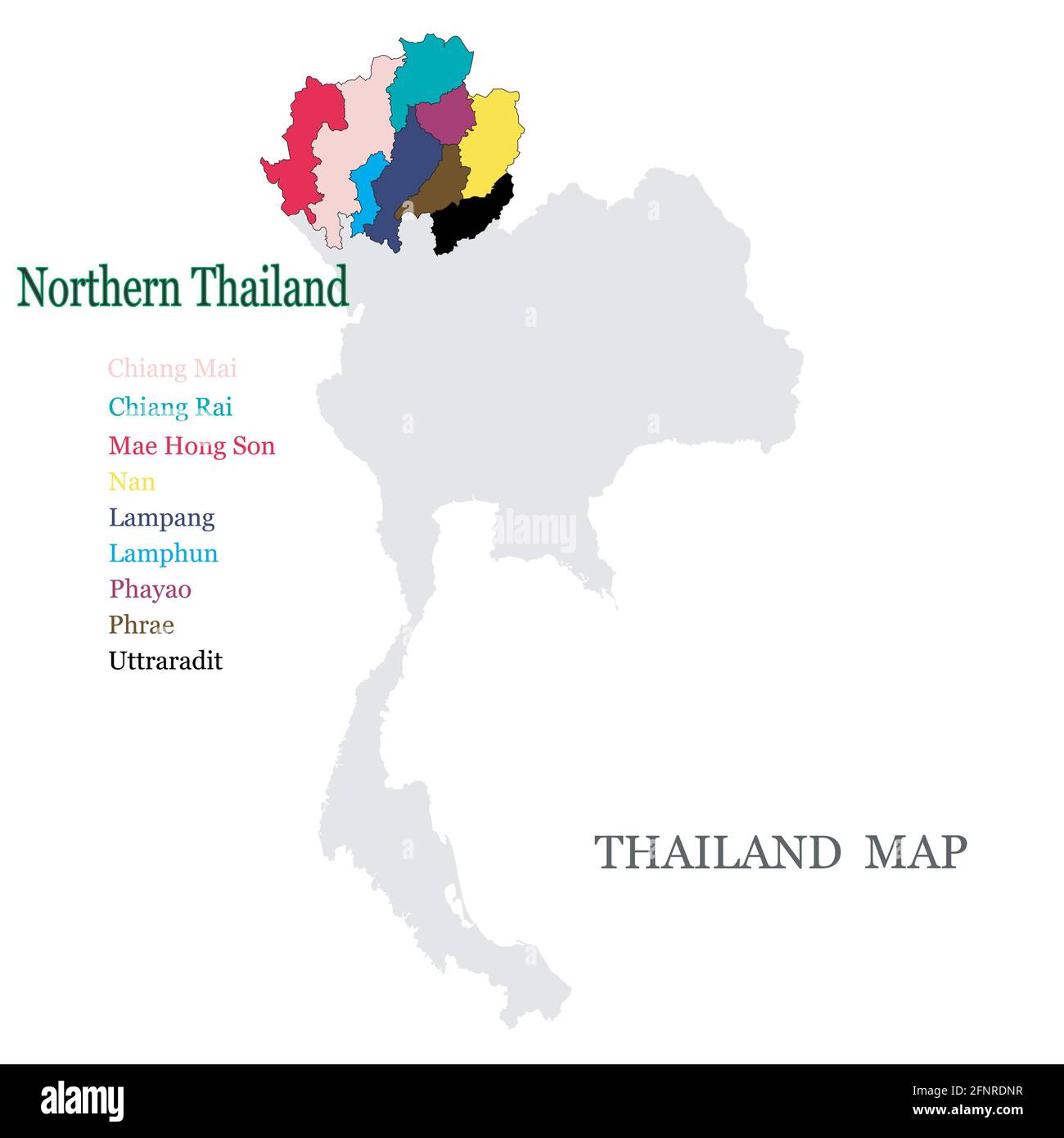 Karten von Nord-Thailand mit 9 Provinzen in verschiedenen Farben, Chiang Mai, Chiang rai, Phrae, Phayao, Lampang, Lamphun, Maehongson, Uttaradit, Nan Stock Vektor