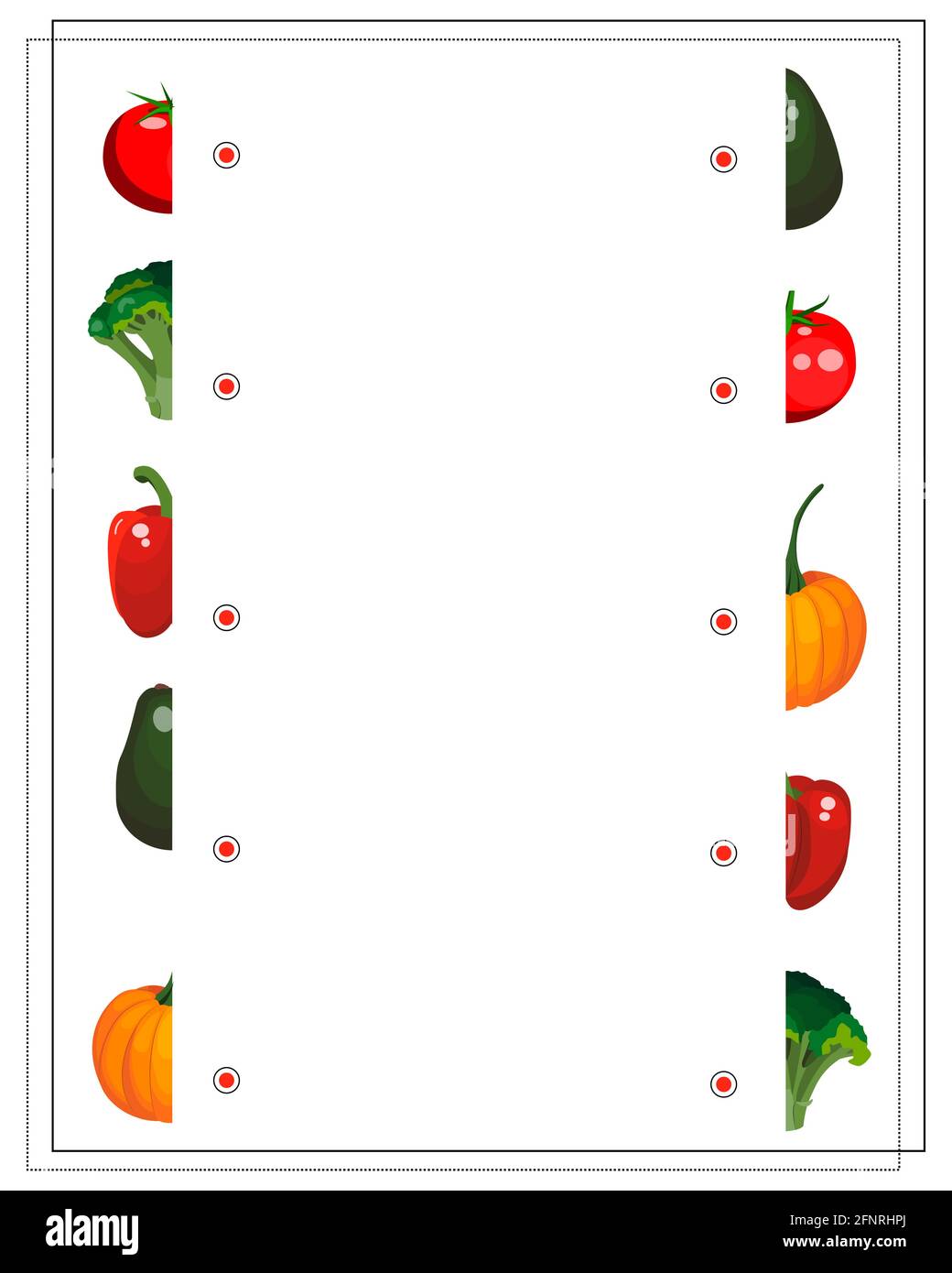 puzzle-Spiel für Kinder, wählen Sie die richtige Hälfte, Gemüse Tomaten, Brokkoli, Pfeffer, Avocado, Kürbis. vektor auf weißem Hintergrund isoliert Stock Vektor