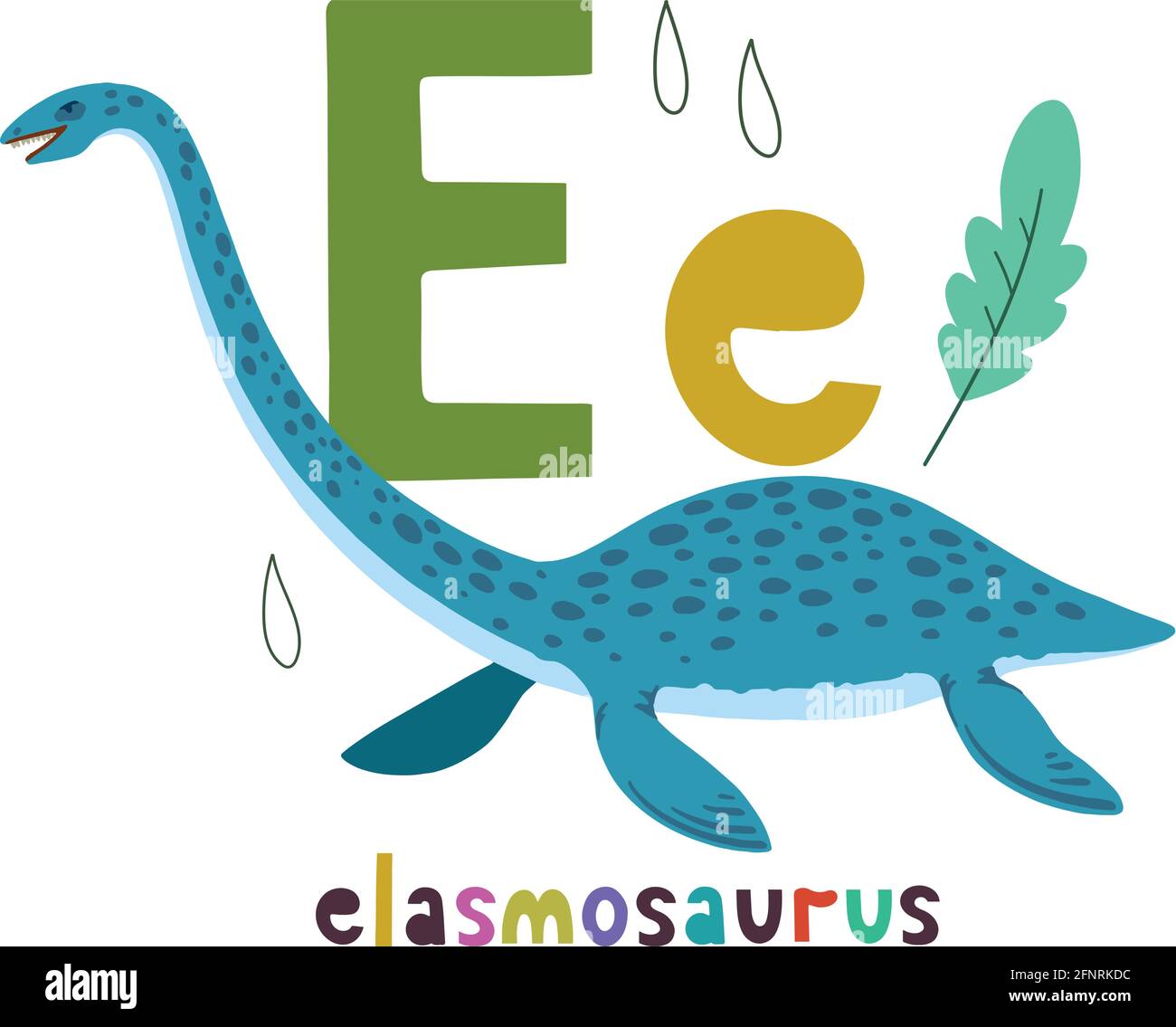 Elasmosaurus. Niedliche Karikatur handgezeichnete Illustration mit Dinosaurier und E-Brief. Stock Vektor