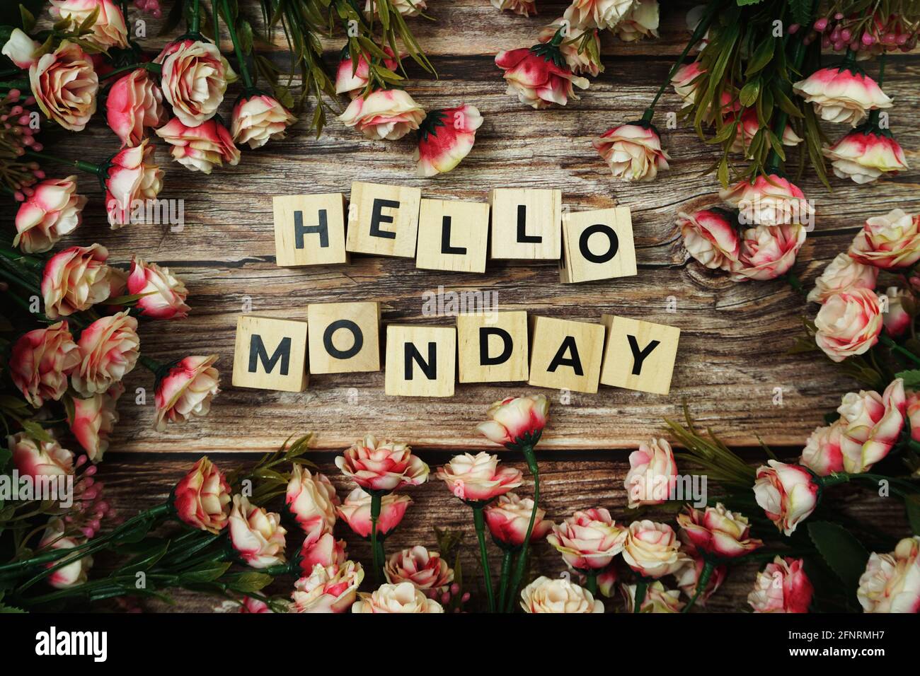 Hallo Montag Alphabet Buchstabe mit blühender Blume auf hölzernem Hintergrund Stockfoto