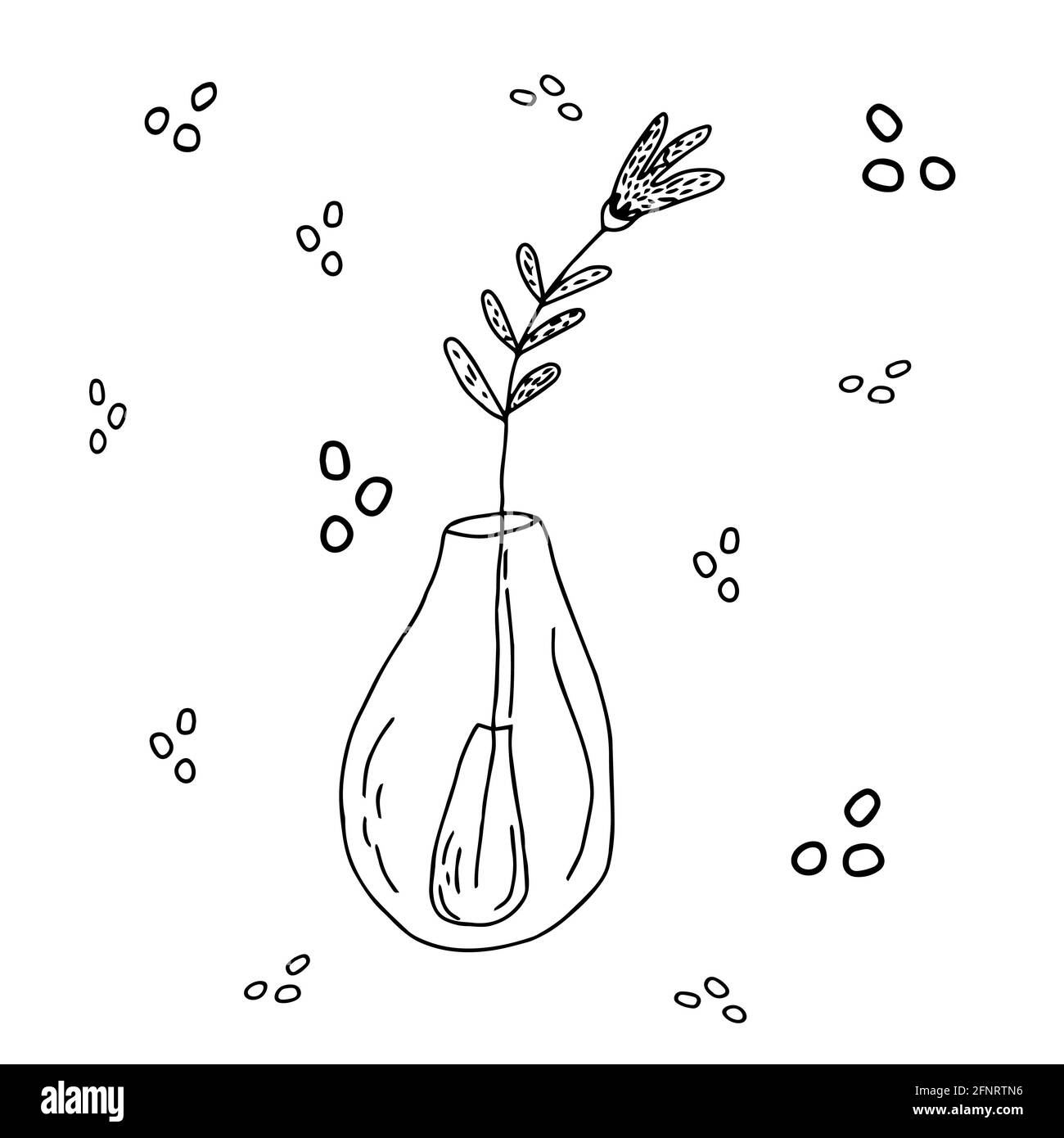 vektor Kontur isolierte Blume in Glasvase Flasche. Zweig mit Blättern und einer Blume, umgeben von Blasen Stockfoto