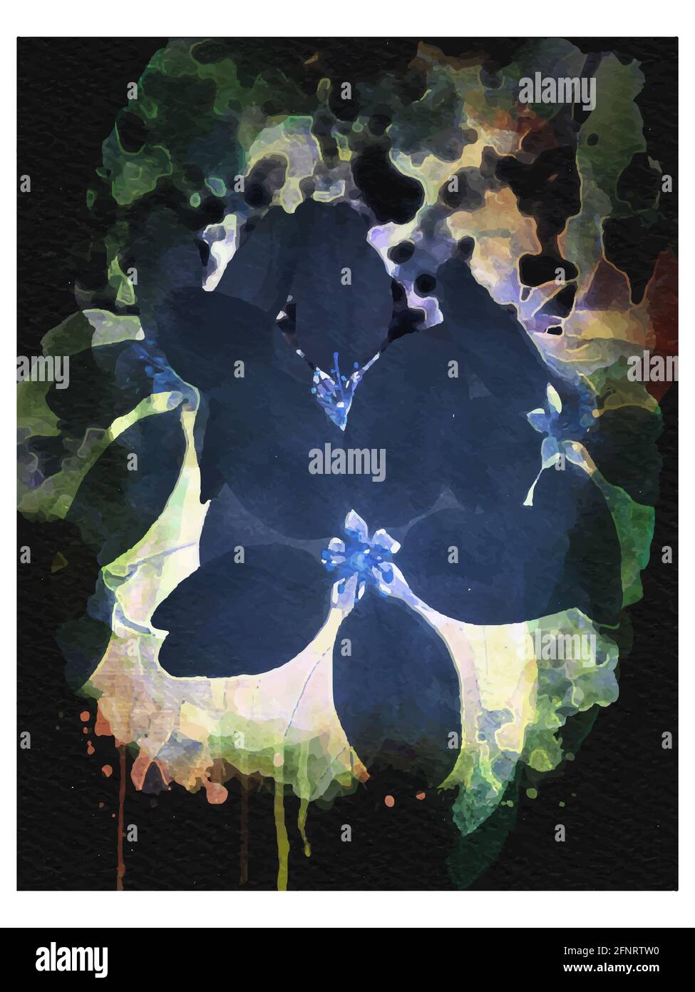 Aquarell Vektor Apfelblüten Zweig mit Blättern lila blaue Farbe Stockfoto