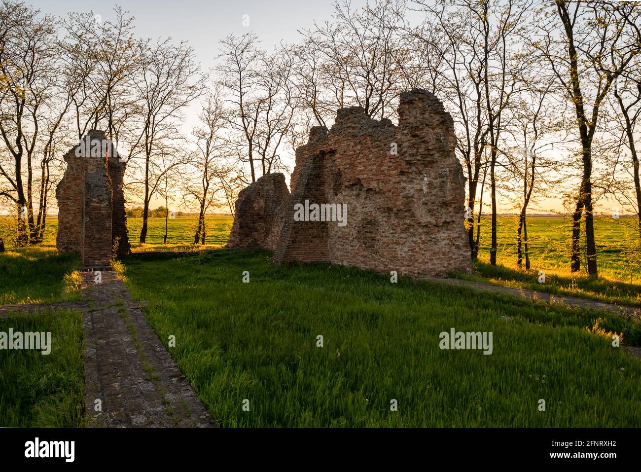 Die Ruinen der Csomorkanyi-Kirche sind ein weniger berühmtes historisches Erbe in Ungarn, der Region alfold. Liegt mitten in der Prärie. Die nächste Stadt ist Hodmezov Stockfoto