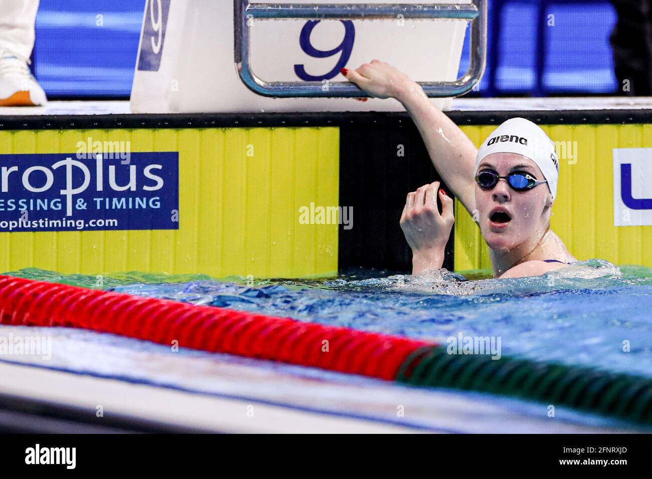 BUDAPEST, UNGARN - MAI 17: Tessa Giele aus den Niederlanden startet beim Women 100m Butterfly Preliminary während der len Aquatikmeisterin Stockfoto