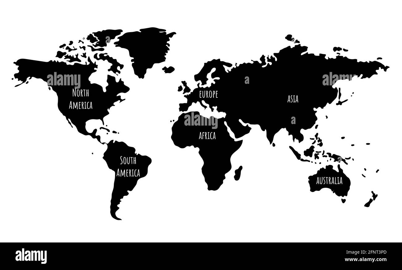 Schwarz-weiß illustrierte Weltkarte mit Kontinenten für Vorschulkinder, Schüler, Heimunterricht. Einige Wasserschwänge auf dem Meer Stock Vektor