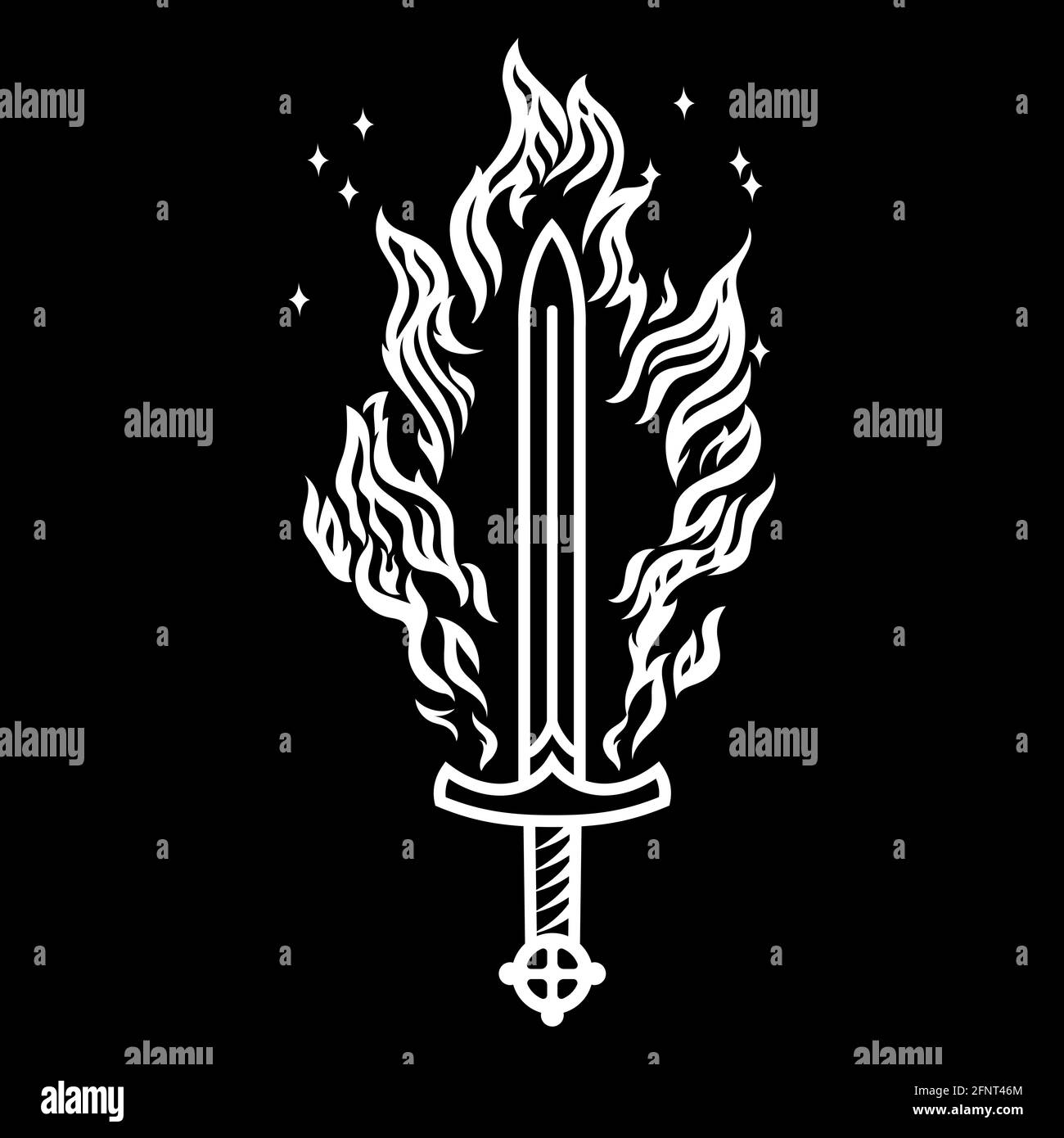 Skandinavisches Viking-Design. Brennendes Schwert eines alten skandinavischen Wikingerkriegers, isoliert auf schwarzer Vektorgrafik Stock Vektor