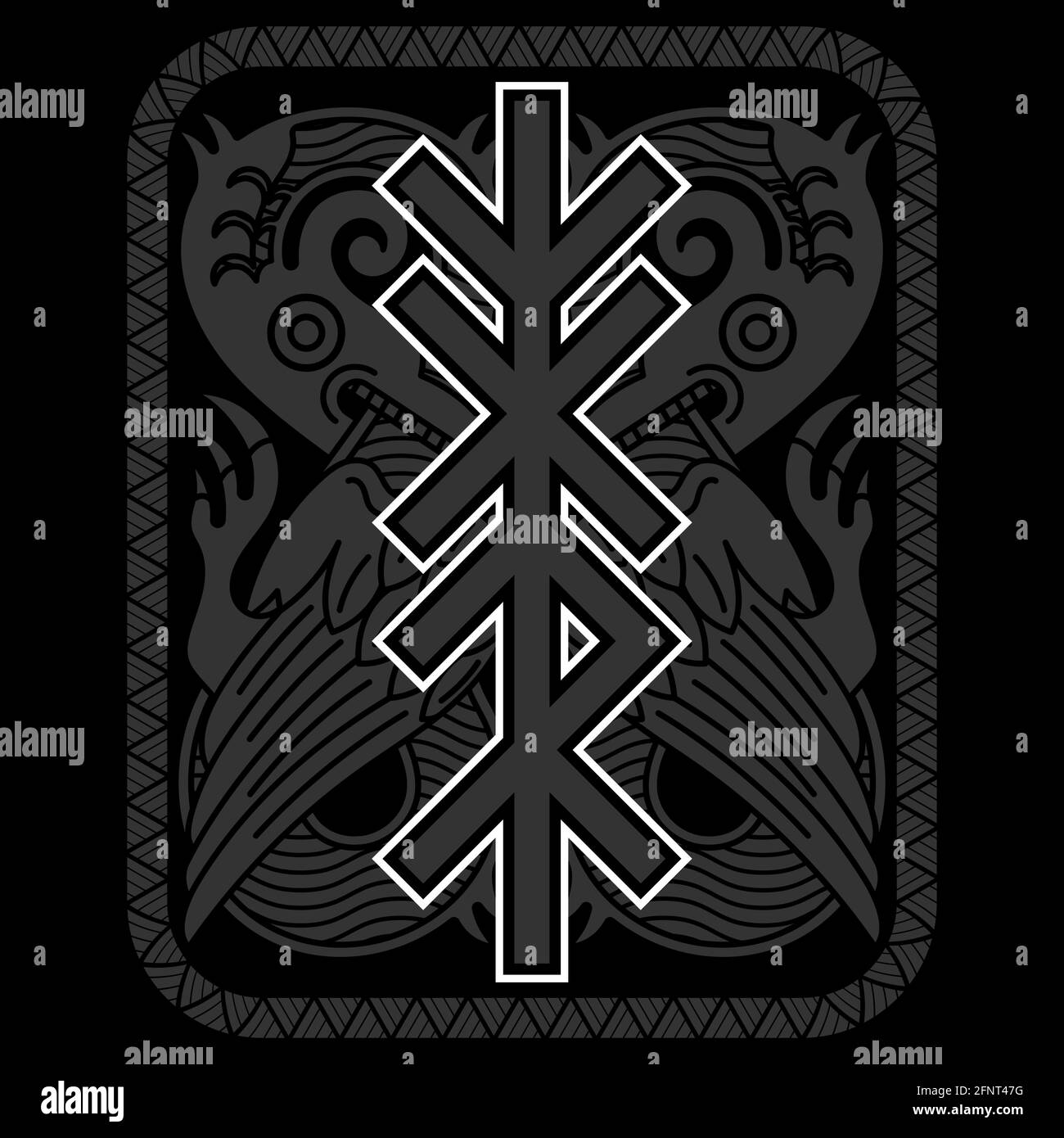 Skandinavisches Wikingerdesign. Mythologisches Tier im altnordischen Stil gezeichnet und nördliche Runen, isoliert auf Schwarz, Vektorgrafik Stock Vektor