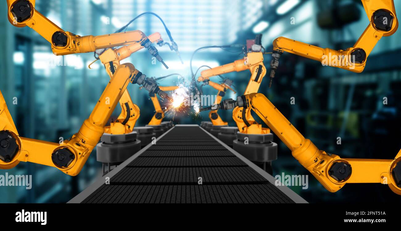 Mechanisierte Industrie Roboterarm für die Montage in Fabrik Produktionslinie . Konzept der künstlichen Intelligenz für industrielle Revolution und Automatisierung Stockfoto