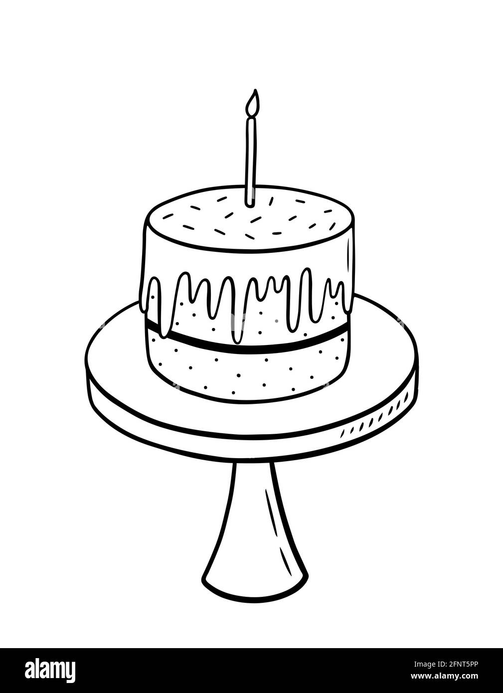 Geburtstagskuchen mit einer Kerze auf einem Stand isoliert auf weißem Hintergrund. Vektor-handgezeichnete Illustration im Doodle-Stil. Perfekt für Karten, Logo, Einladungen, Dekorationen, Geburtstagsdesigns. Stock Vektor