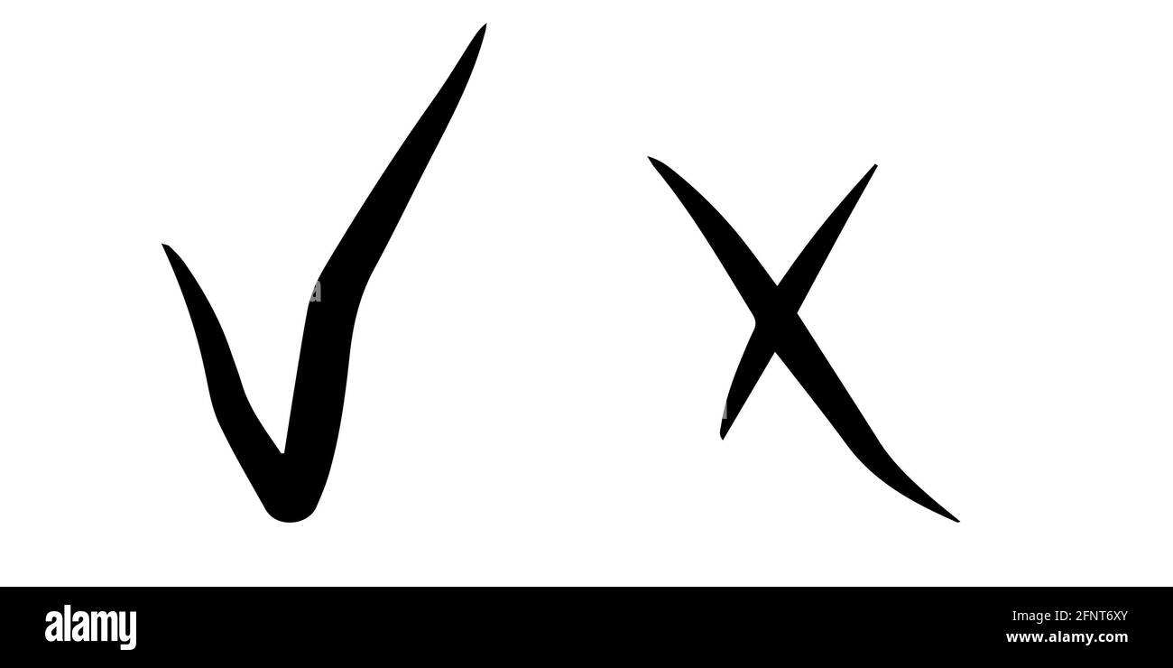 Kreuzt und markiert isolierte Vektorskizzen. Ja Nein Symbole Hand zeichnen schwarzen Umriss Stockfoto