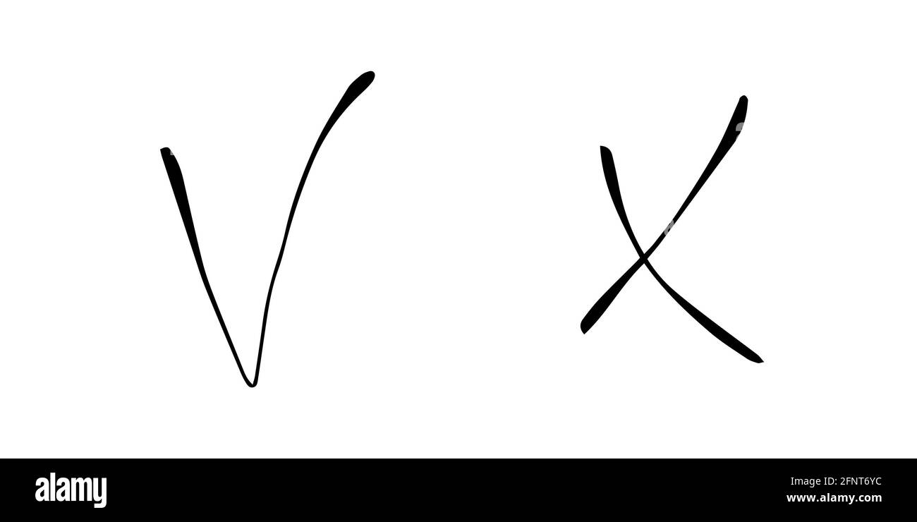 Kreuzt und markiert isolierte Vektorskizzen. Ja Nein Symbole Hand zeichnen schwarzen Umriss Stockfoto