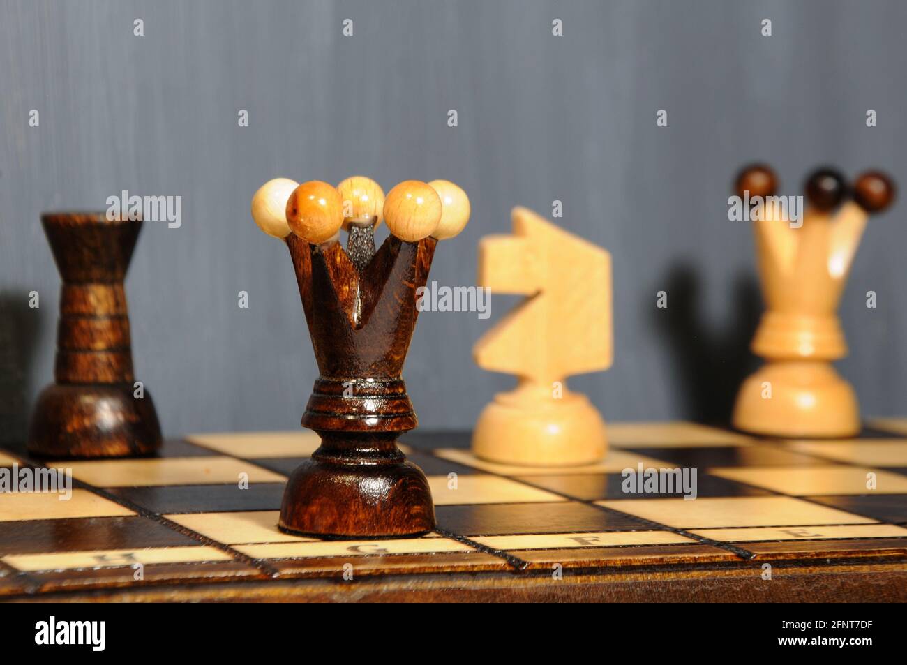 Schachfiguren - Königin, Ritter und Turm auf einem hölzernen Schachbrett auf dem grauen Hintergrund. Indoor-Hobby Stockfoto