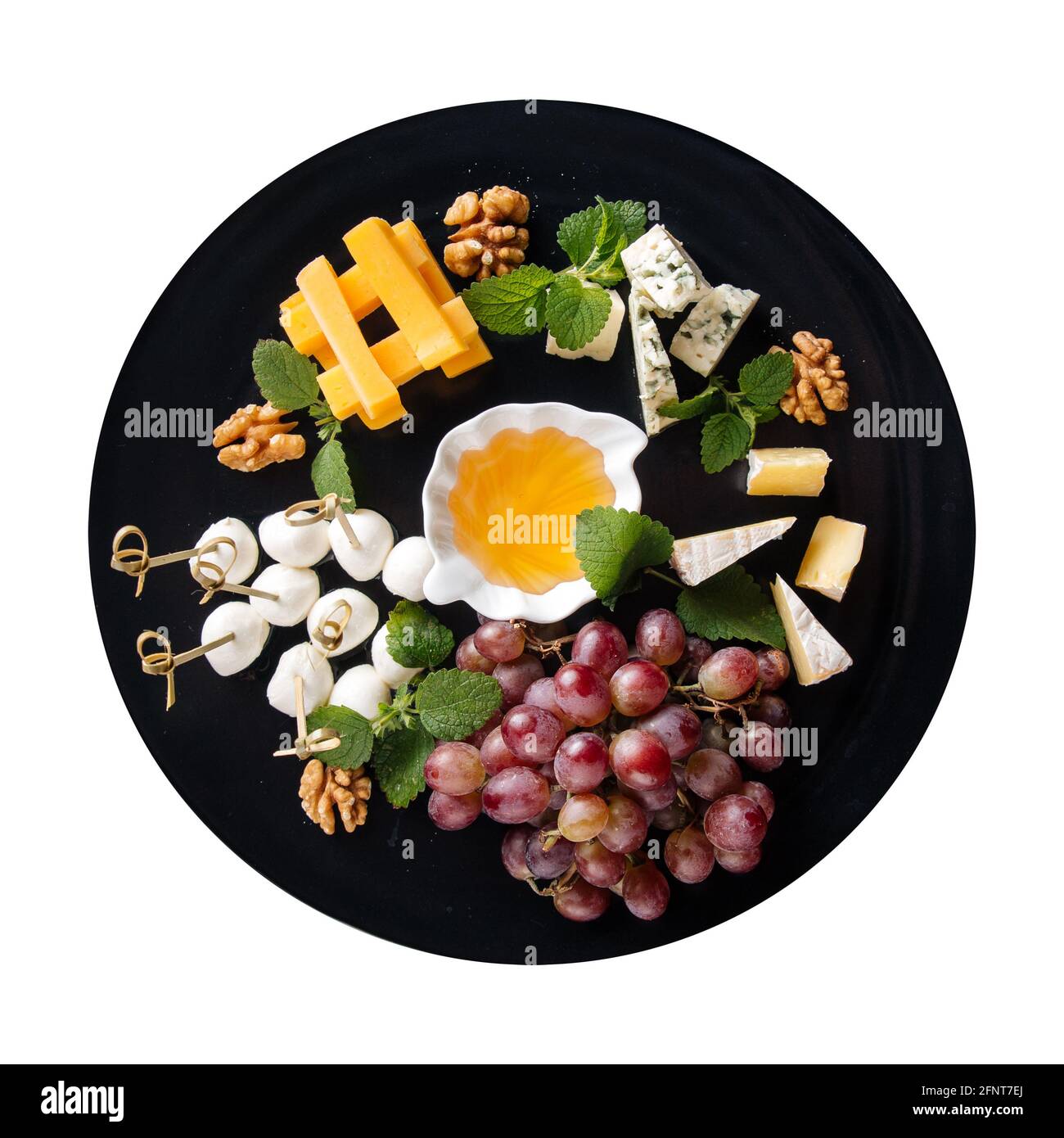Isolierte Platte mit Wein Vorspeise mit Käse Stockfoto