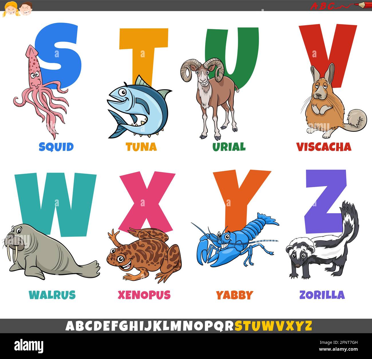 Cartoon-Illustration der pädagogischen bunten Alphabet Satz aus dem Buchstaben S Bis Z mit Comic-Tierfiguren Stock Vektor