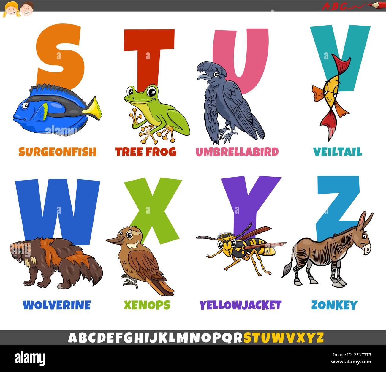 Cartoon-Illustration der pädagogischen bunten Alphabet Satz aus dem Buchstaben S Bis Z mit lustigen Tierfiguren Stock Vektor