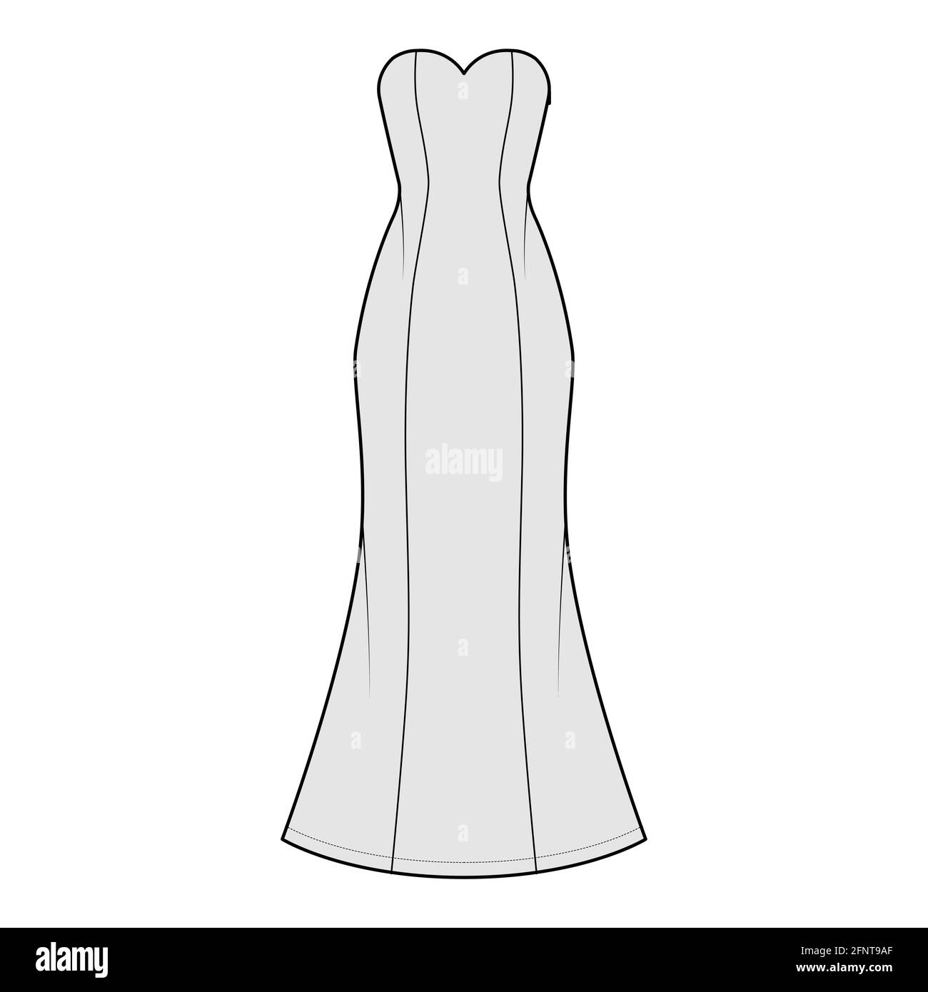 Kleid Trompete technische Mode Illustration mit trägerlosen herzförmiger Ausschnitt, Einbaukörper, Boden maxi Länge kreisförmigen Rock. Flache Abendkleidung vorne, grau. Frauen, Männer Unisex-CAD-Modell Stock Vektor