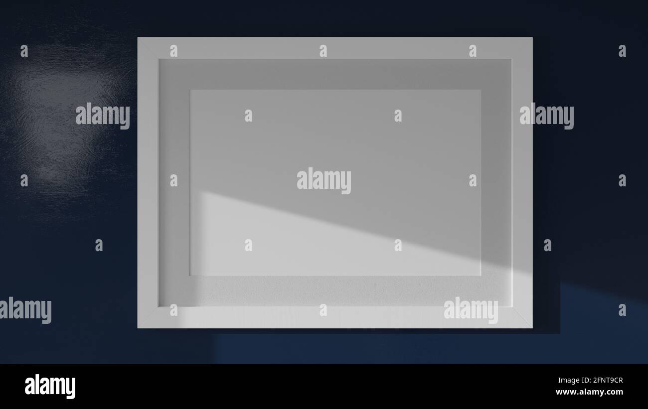 Postermockup an einer blauen Wand mit weißem Rahmen. CGI-Bild, 3D-Rendering, 3D-Illustration Stockfoto