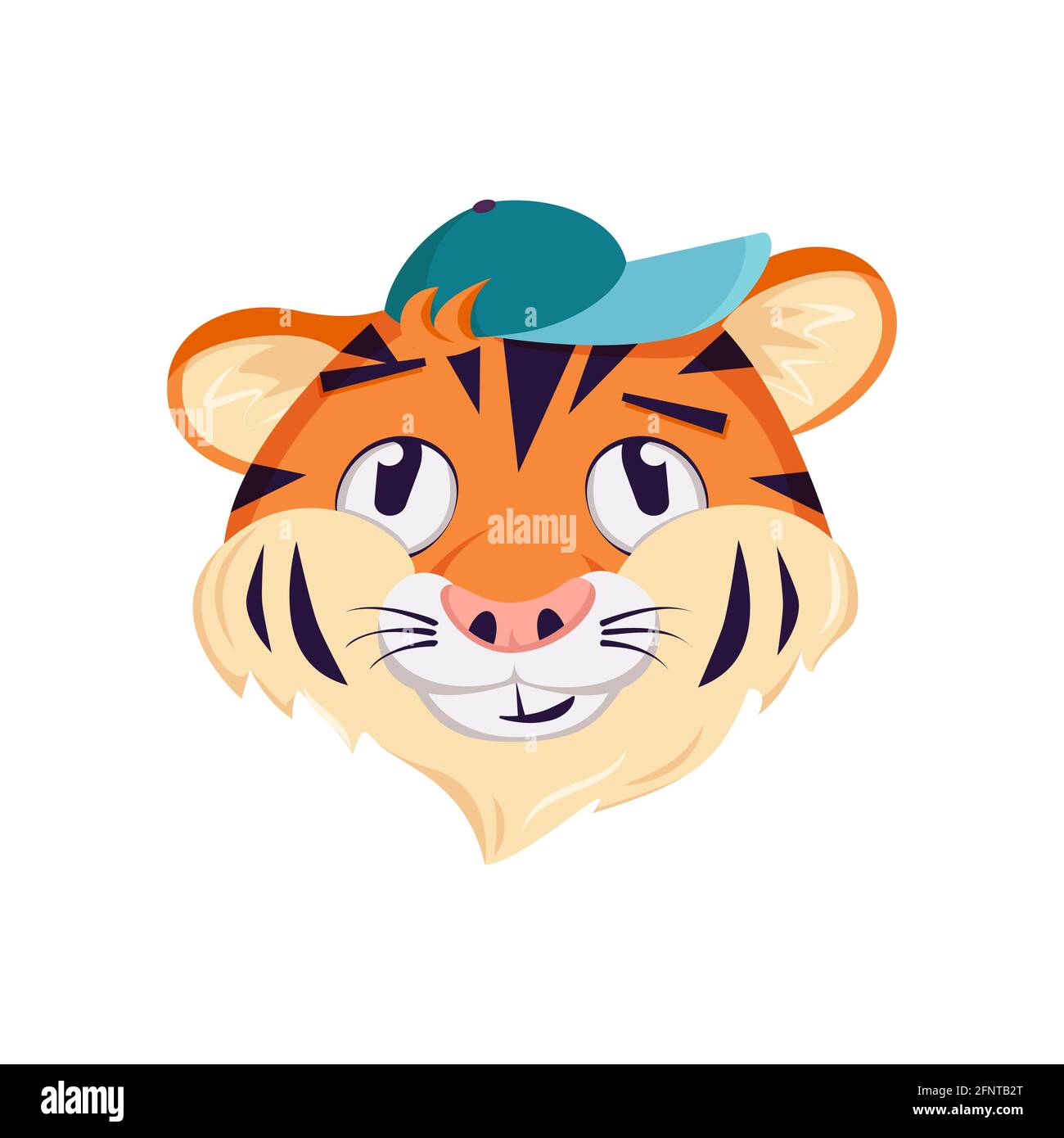 Niedlicher Tiger-Charakter, Gesicht mit nachdenklichen, nachdenklichen Emotionen. Wilde Tiere Afrikas, lustig oder lächeln Cartoon Schnauze in einer Mütze Stock Vektor