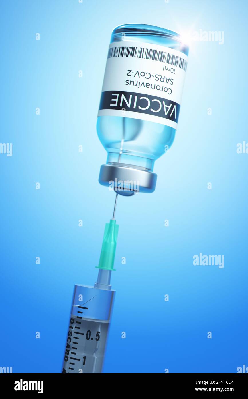 Spritze mit Impfstoff aus dem Coronovirus COVID-19 auf blauem Hintergrund. COVID-19-Impfstoff Medizinische Ampoule und eine Spritze. 3D-Rendering. Stockfoto