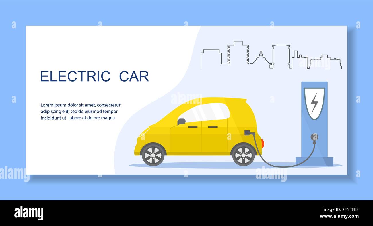 Vektor-Illustration Elektroauto. Grüne Energie. Neue Umwelttechnologien für den Verkehr. UMWELTFREUNDLICH. Ökologie. Umweltschutz. Emissionsfrei. Einfach m Stock Vektor