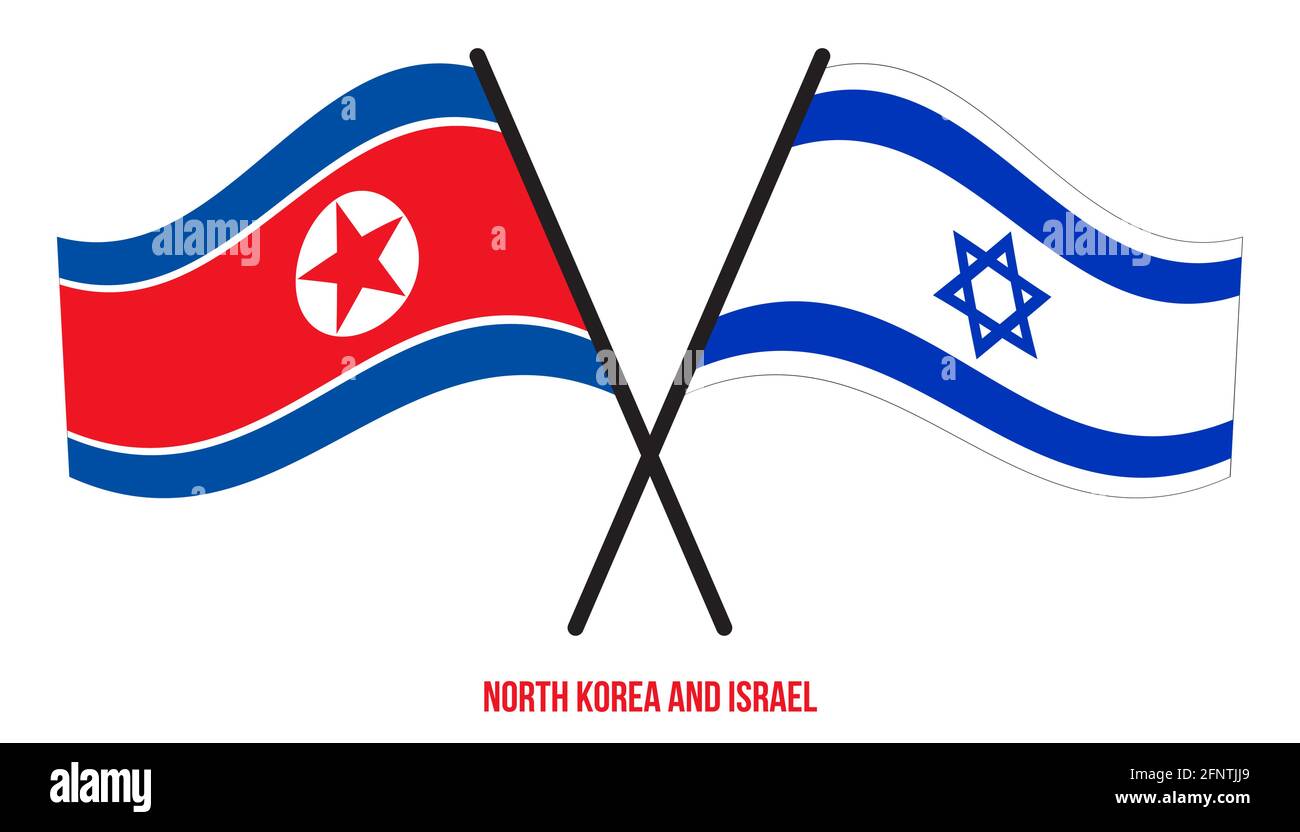 Nordkorea und Israel Flaggen gekreuzt und winken Flat Style. Offizieller Anteil. Korrekte Farben. Stock Vektor