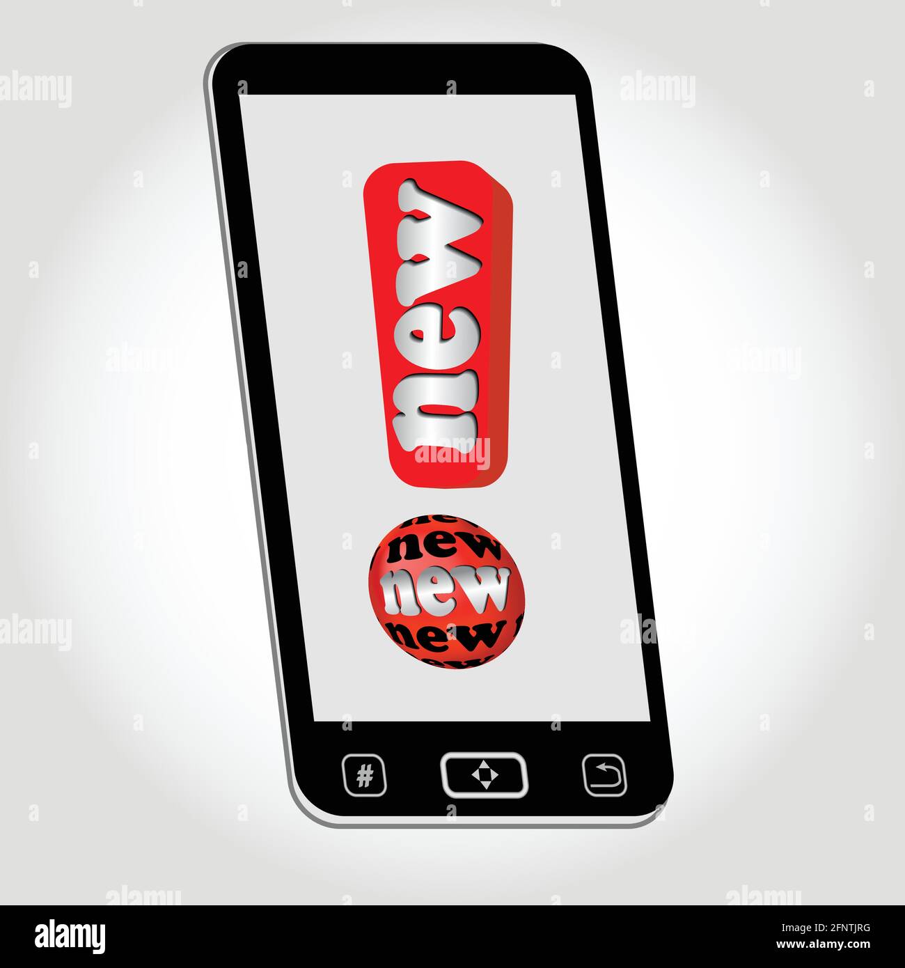 Smartphone - isoliertes Objekt mit Emblem Neu dargestellt als rotes Ausrufezeichen mit Aufschrift Neu. Bild auf hellgrauem Hintergrund mit Farbverlauf. V Stock Vektor