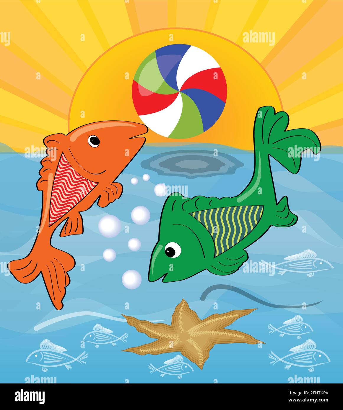 Zwei niedliche Fische spielen mit Ball im Meer. Orange Fische wirft den Ball grünen Fisch, die Sonne scheint über dem Meer. Fröhlicher Sommer-Cartoon Stock Vektor