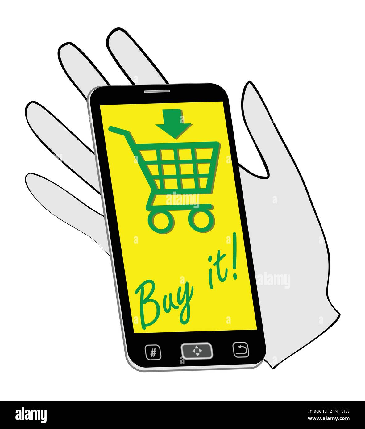 Smartphone auf der Handfläche lädt zum Kaufen im Internet ein. Die markante grüne Zeichnung auf gelbem Hintergrund. Internet-Werbung für Unternehmen Stock Vektor