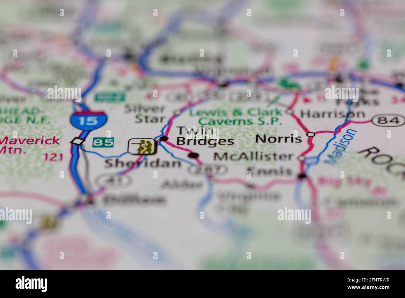 Twin Bridges Montana USA auf einer Geographie-Karte oder dargestellt Straßenkarte Stockfoto