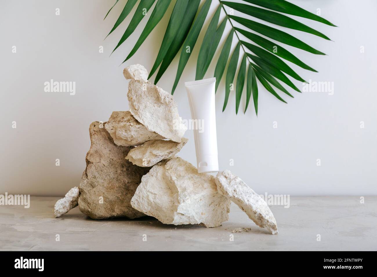 Natürliche Schönheit kosmetische Tube Mockup Produkt für Hautpflege mit Palmblatt-Pflanze auf Stein Sockel grauen Hintergrund. Natürlicher Gesteinsstapel aus balancierenden Steinen Stockfoto