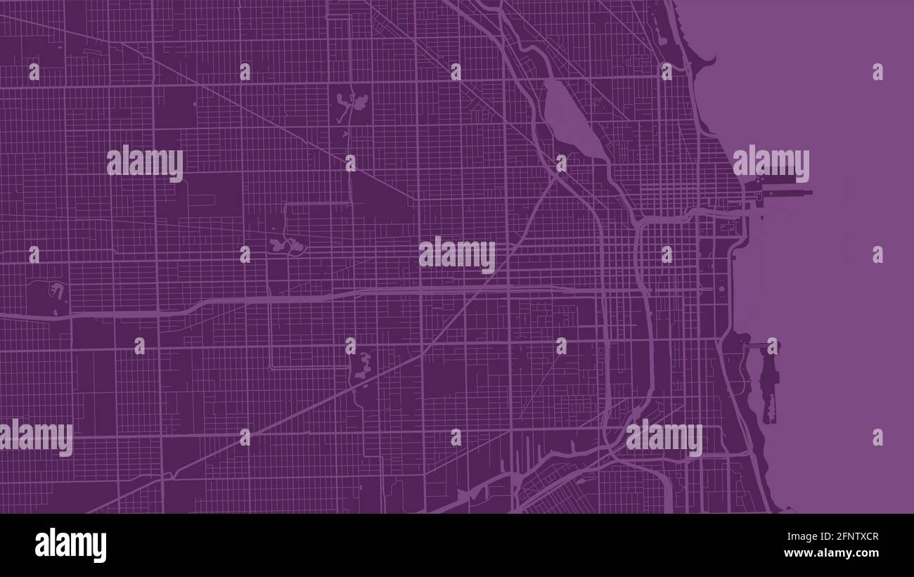Purple Chicago Stadtgebiet Vektor Hintergrundkarte, Straßen und Wasser Kartographie Illustration. Breitbild-Proportion, digitale Flat-Design-Streetmap. Stock Vektor