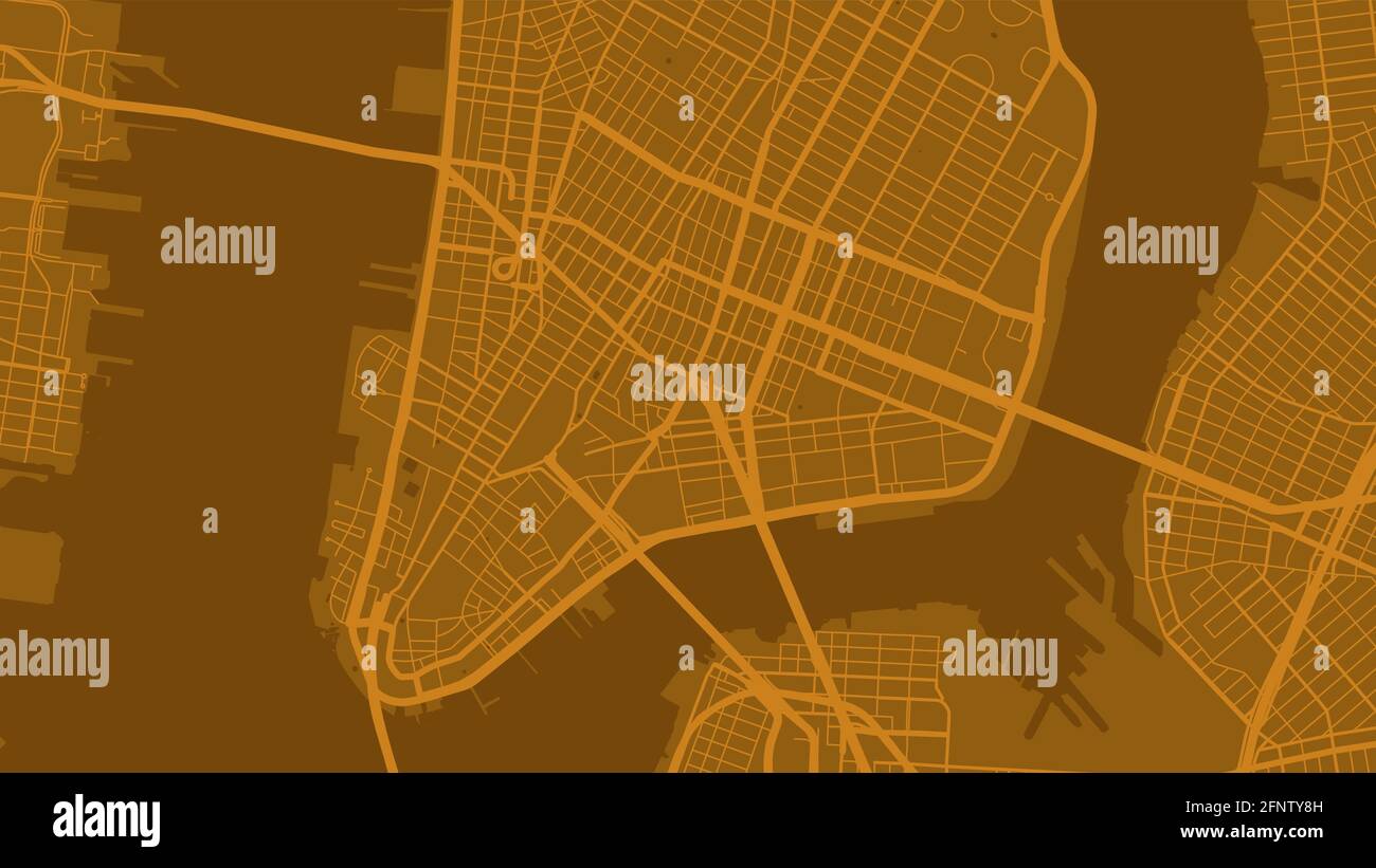 Golden Orange New York Stadtgebiet Vektor Hintergrundkarte, Straßen und Wasser Kartographie Illustration. Breitbild-Anteil, digitale flache Design streetm Stock Vektor
